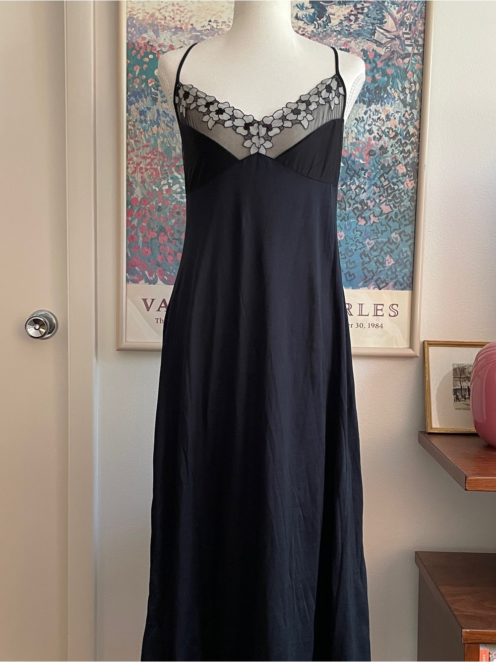 Hanro of Switzerland Slip Dress Womens Medium Black Lace Cotton Whimsigoth 90s